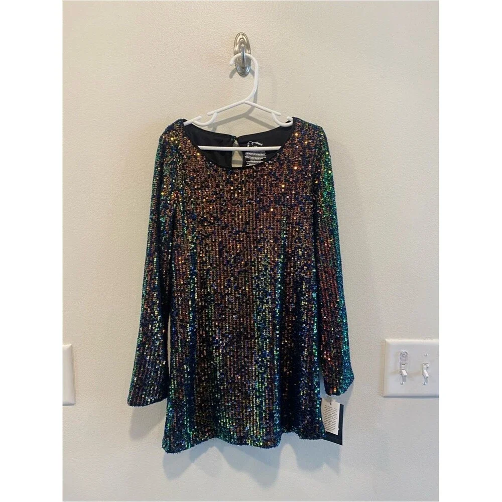 Art class girls sequin dress in size 6/7 long sleeve rainbow black party NEW
